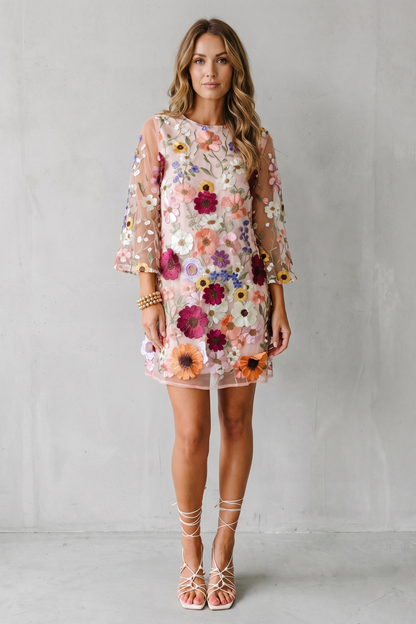 Phoebe | Mini Dress Pink Mesh 3D Floral Embroidery 3/4 Sleeve for Women