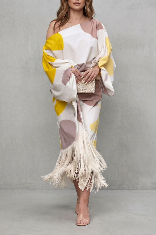 Phoebe | Midi Outfit Set White Abstract Print Satin One-Shoulder Fringe for Women