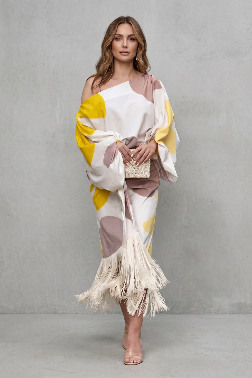 Phoebe | Midi Outfit Set White Abstract Print Satin One-Shoulder Fringe for Women