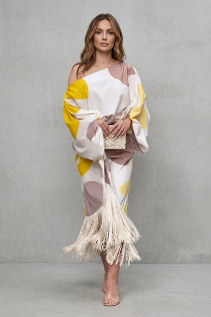 Phoebe | Midi Outfit Set White Abstract Print Satin One-Shoulder Fringe for Women