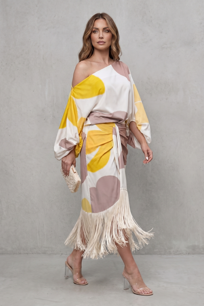 Phoebe | Midi Outfit Set White Abstract Print Satin One-Shoulder Fringe for Women