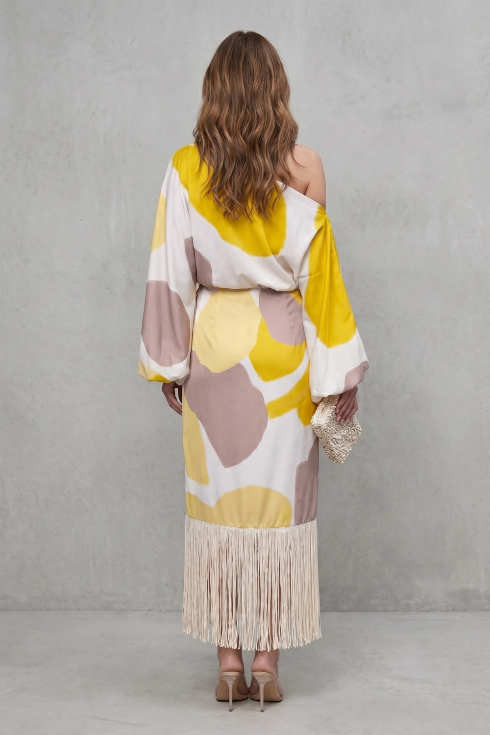 Phoebe | Midi Outfit Set White Abstract Print Satin One-Shoulder Fringe for Women