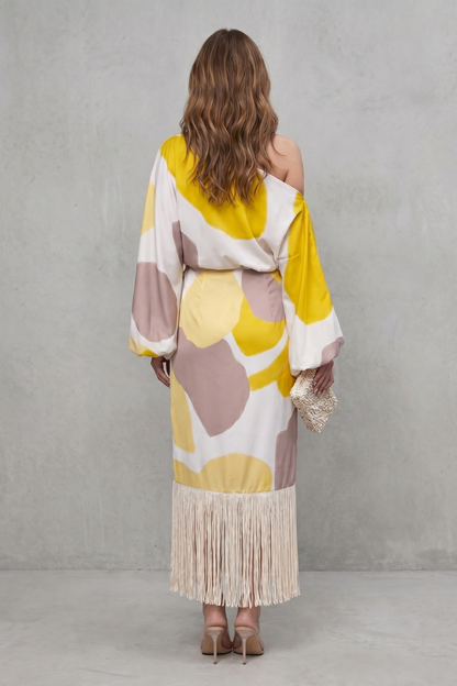 Phoebe | Midi Outfit Set White Abstract Print Satin One-Shoulder Fringe for Women
