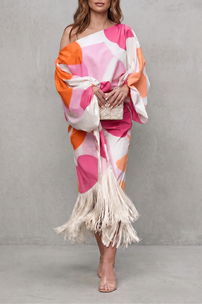 Phoebe | Midi Outfit Set White Abstract Print Satin One-Shoulder Fringe for Women
