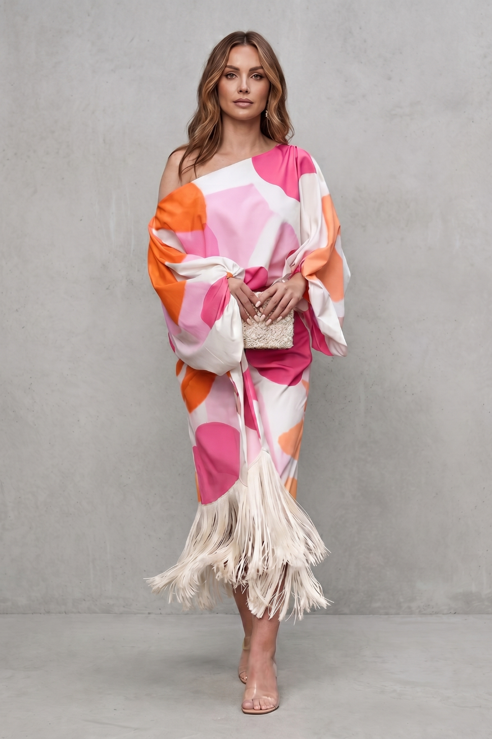 Phoebe | Midi Outfit Set White Abstract Print Satin One-Shoulder Fringe for Women