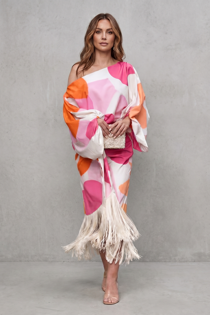 Phoebe | Midi Outfit Set White Abstract Print Satin One-Shoulder Fringe for Women