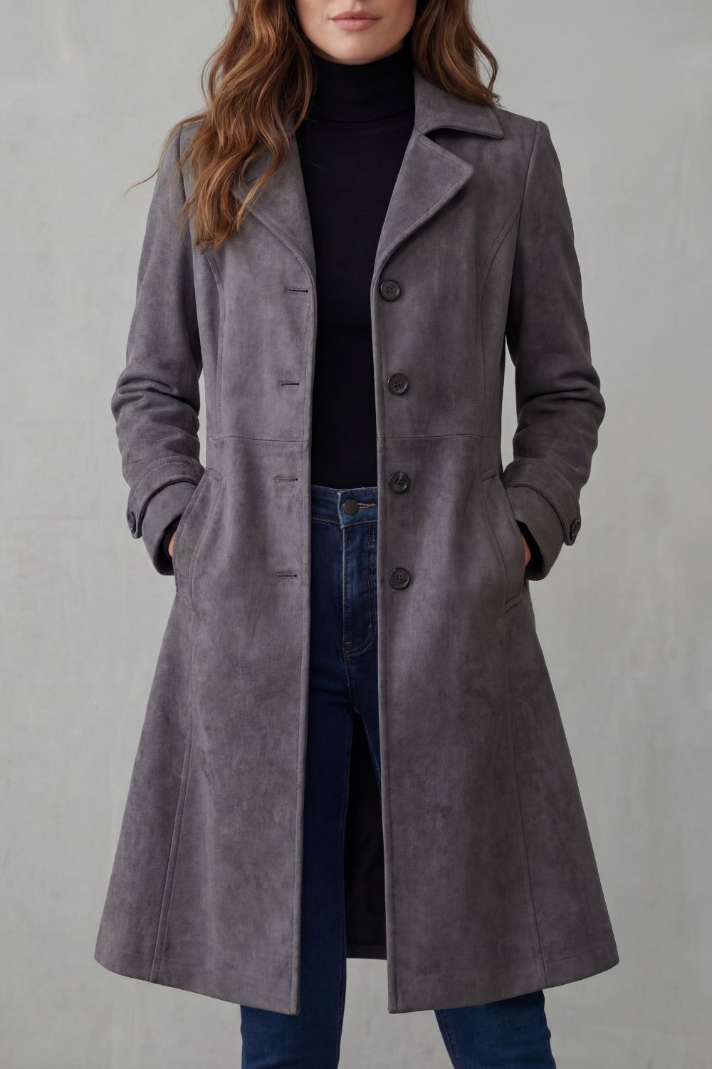 Harriet | Longline Coat Tan Faux Suede Button-Front for Women