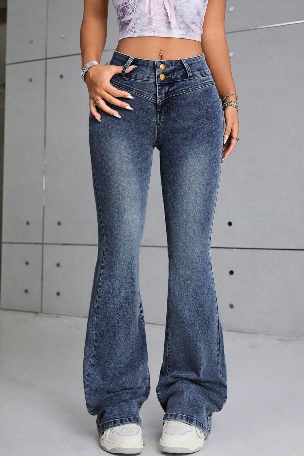 Phoebe | Flare Jeans Blue Stretch Denim Slim Fit Double Button for Women