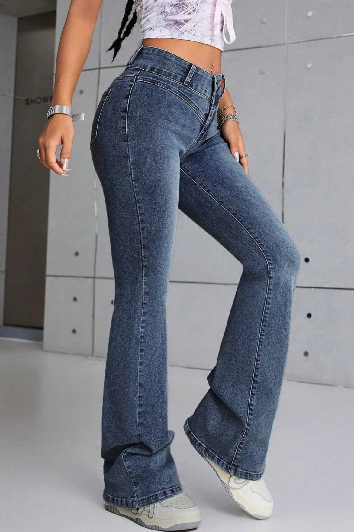 Phoebe | Flare Jeans Blue Stretch Denim Slim Fit Double Button for Women