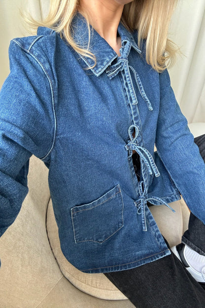 Iris | Denim Jacket Blue Cotton Tie-Front Relaxed Fit for Women
