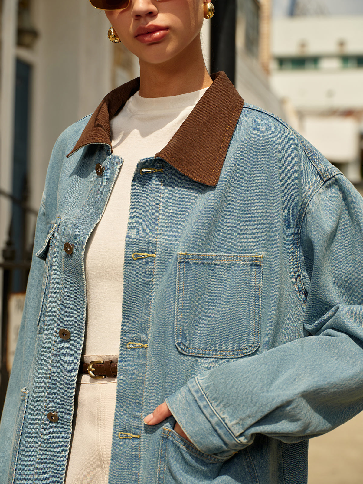 Millicent | Oversized Denim Jacket Light Blue Cotton Contrast Collar for Women