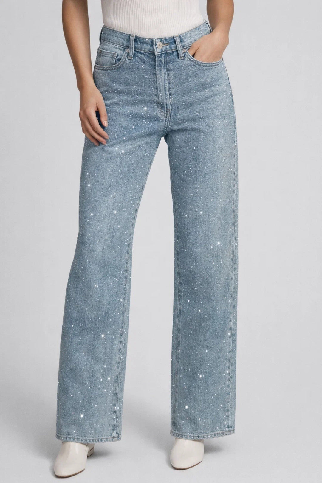 Morwenna | Wide-Leg Jeans Light Blue Denim Crystal Embellished High-Waist for Women