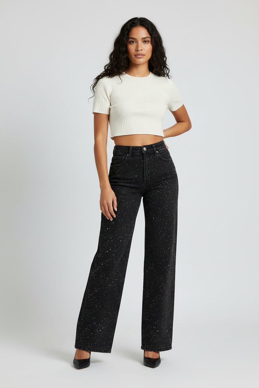 Phoebe | Straight-Leg Jeans Light Blue Denim High-Waist Rhinestone for Women