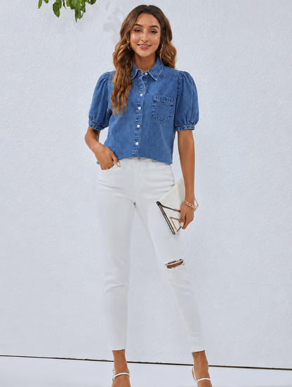 Rowena | Denim Shirt Blue Cotton Puff Sleeve Button Front for Women