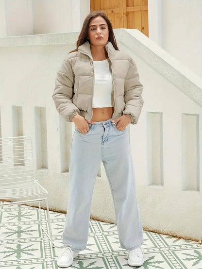 Nora | Cropped Puffer Jacket Stone Quilted Polyester Stand Collar for Women