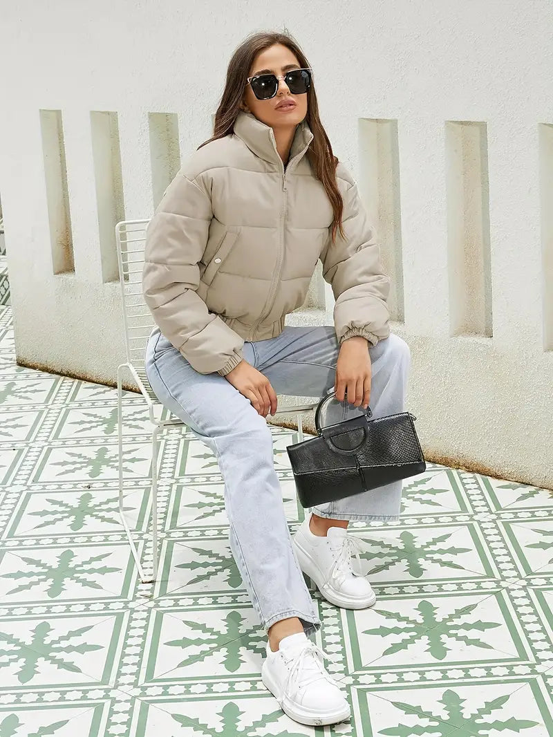 Nora | Cropped Puffer Jacket Stone Quilted Polyester Stand Collar for Women