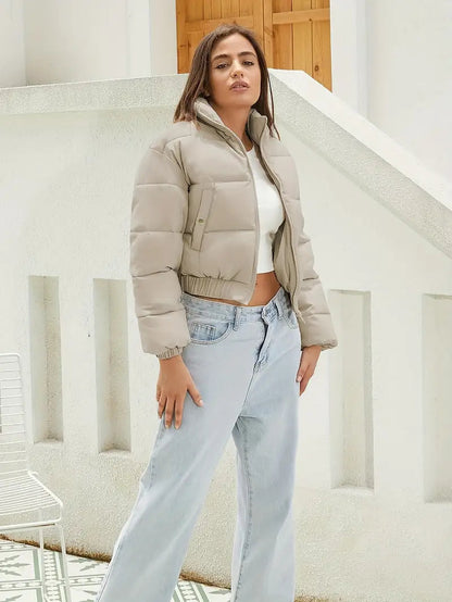 Nora | Cropped Puffer Jacket Stone Quilted Polyester Stand Collar for Women