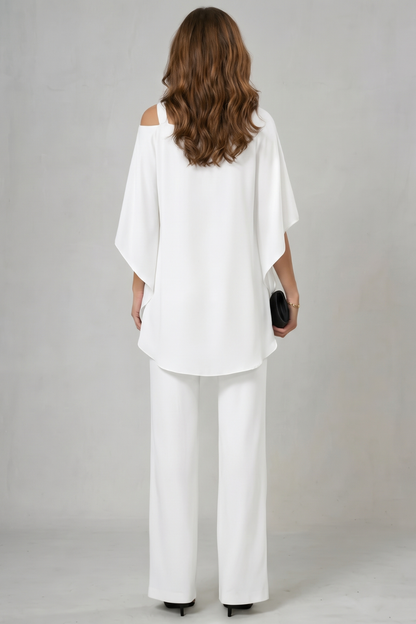 Gwendolyn | White Chiffon Asymmetric Two-Piece Set Wide-Leg Trousers for Women