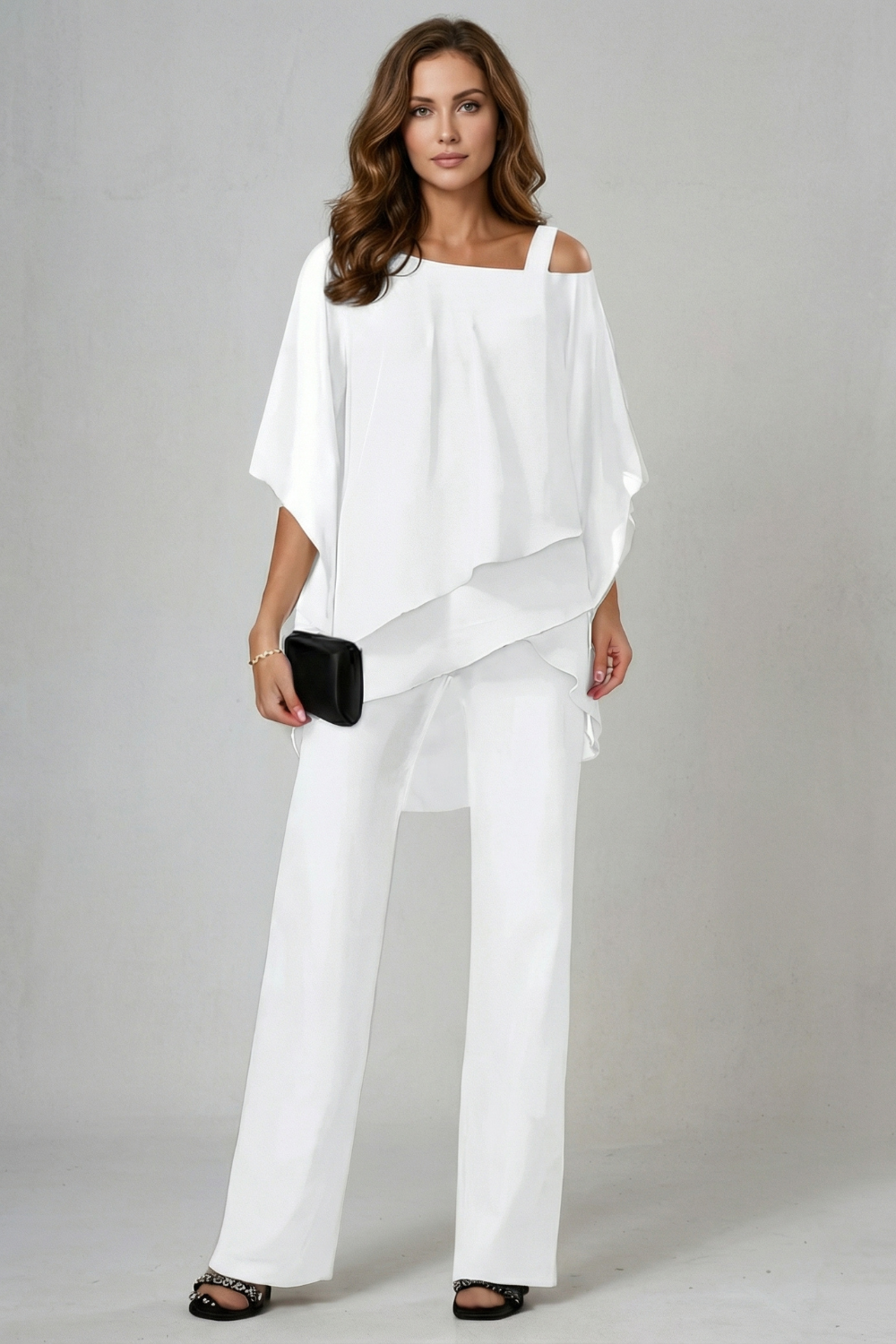 Gwendolyn | White Chiffon Asymmetric Two-Piece Set Wide-Leg Trousers for Women