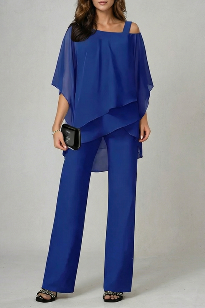 Gwendolyn | White Chiffon Asymmetric Two-Piece Set Wide-Leg Trousers for Women