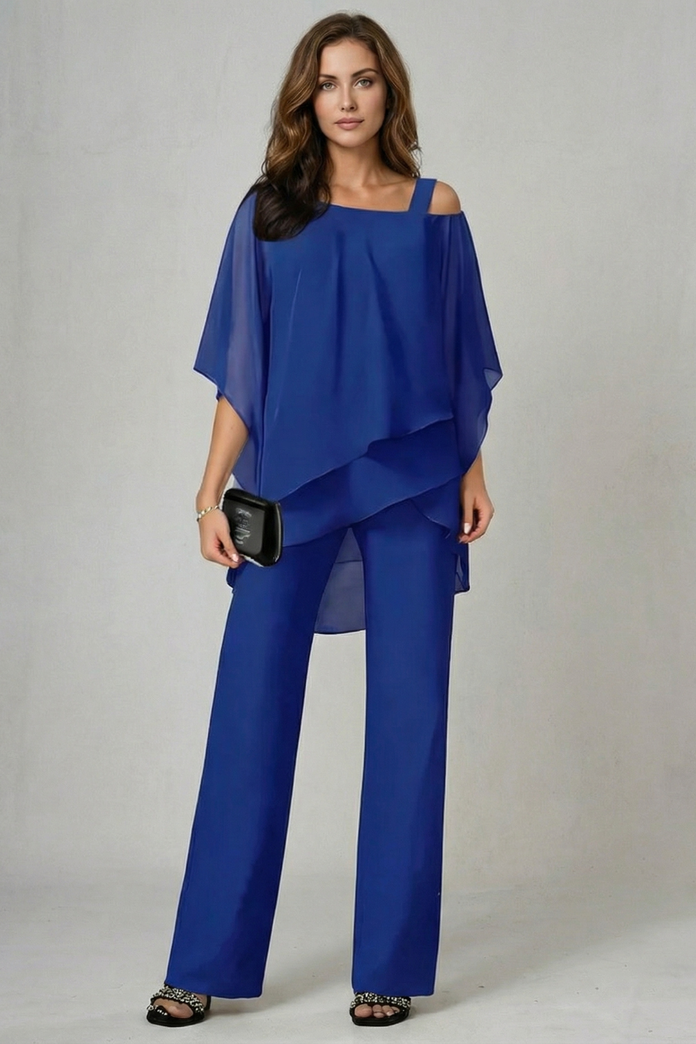 Gwendolyn | White Chiffon Asymmetric Two-Piece Set Wide-Leg Trousers for Women