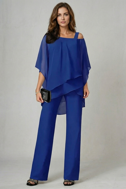 Gwendolyn | White Chiffon Asymmetric Two-Piece Set Wide-Leg Trousers for Women