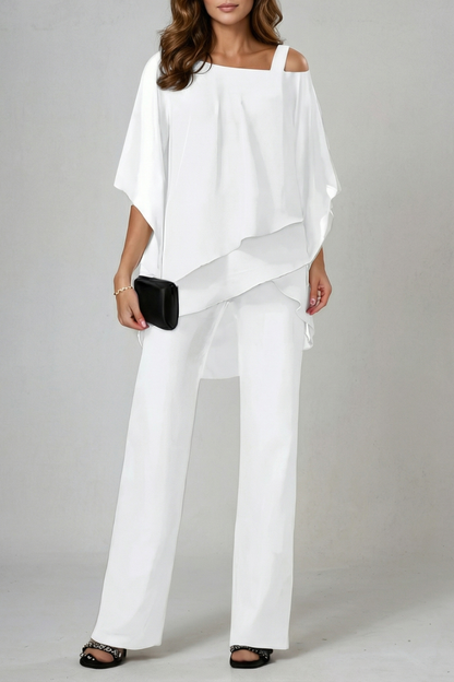 Gwendolyn | White Chiffon Asymmetric Two-Piece Set Wide-Leg Trousers for Women