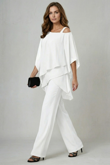 Gwendolyn | White Chiffon Asymmetric Two-Piece Set Wide-Leg Trousers for Women