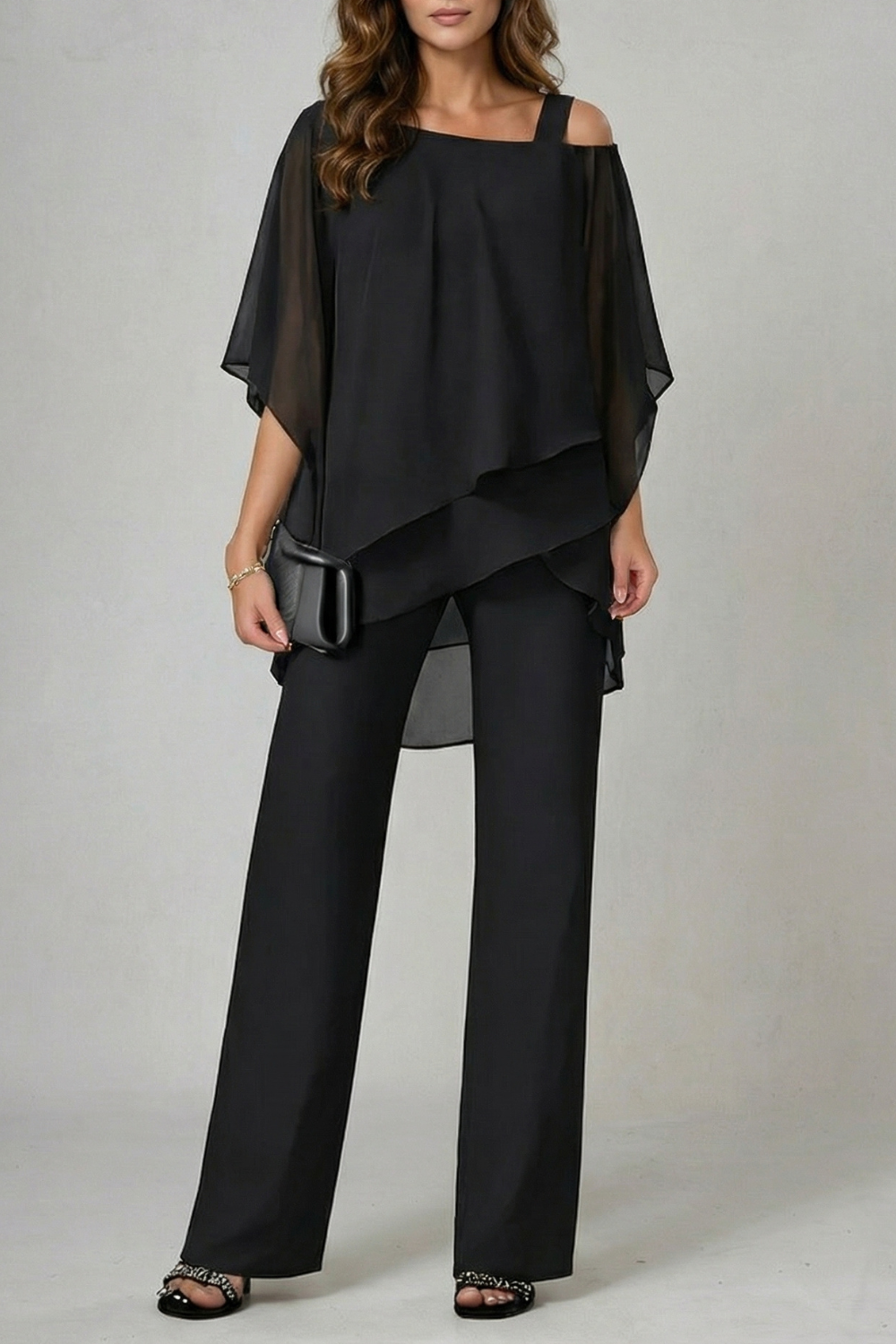 Gwendolyn | White Chiffon Asymmetric Two-Piece Set Wide-Leg Trousers for Women