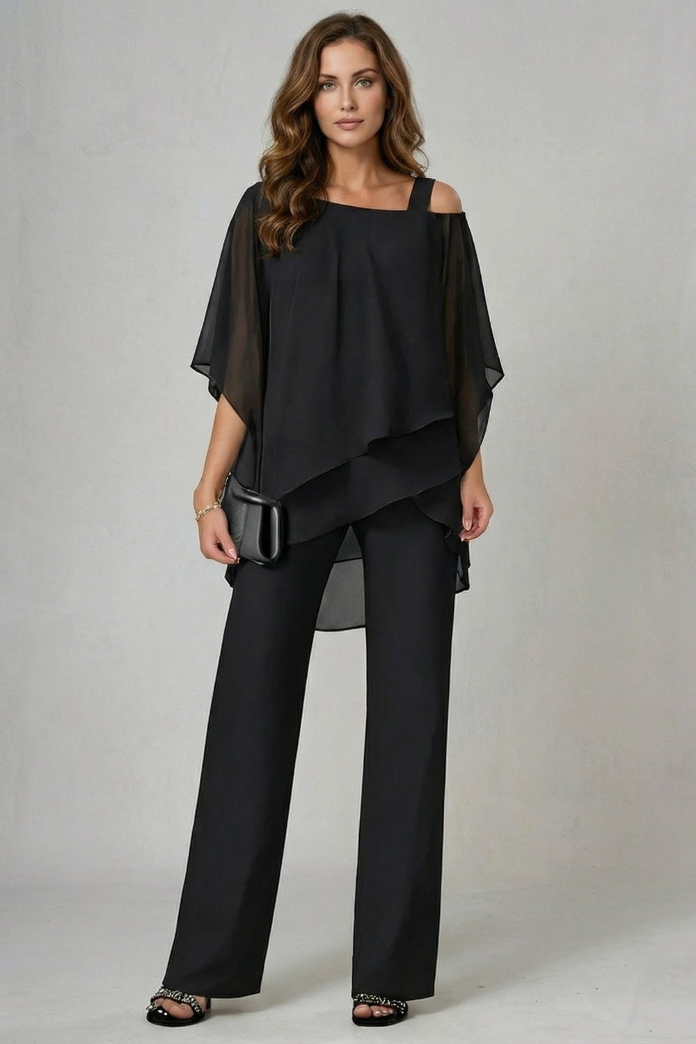 Gwendolyn | White Chiffon Asymmetric Two-Piece Set Wide-Leg Trousers for Women