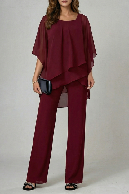 Gwendolyn | White Chiffon Asymmetric Two-Piece Set Wide-Leg Trousers for Women