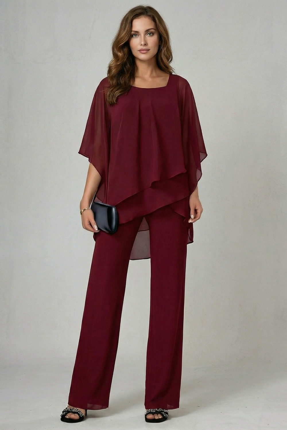 Gwendolyn | White Chiffon Asymmetric Two-Piece Set Wide-Leg Trousers for Women