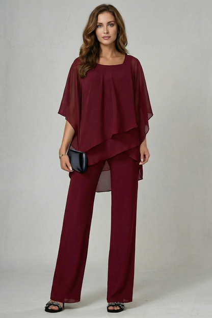 Gwendolyn | White Chiffon Asymmetric Two-Piece Set Wide-Leg Trousers for Women