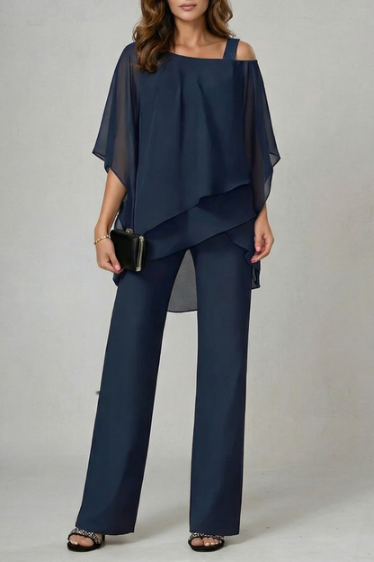 Gwendolyn | White Chiffon Asymmetric Two-Piece Set Wide-Leg Trousers for Women