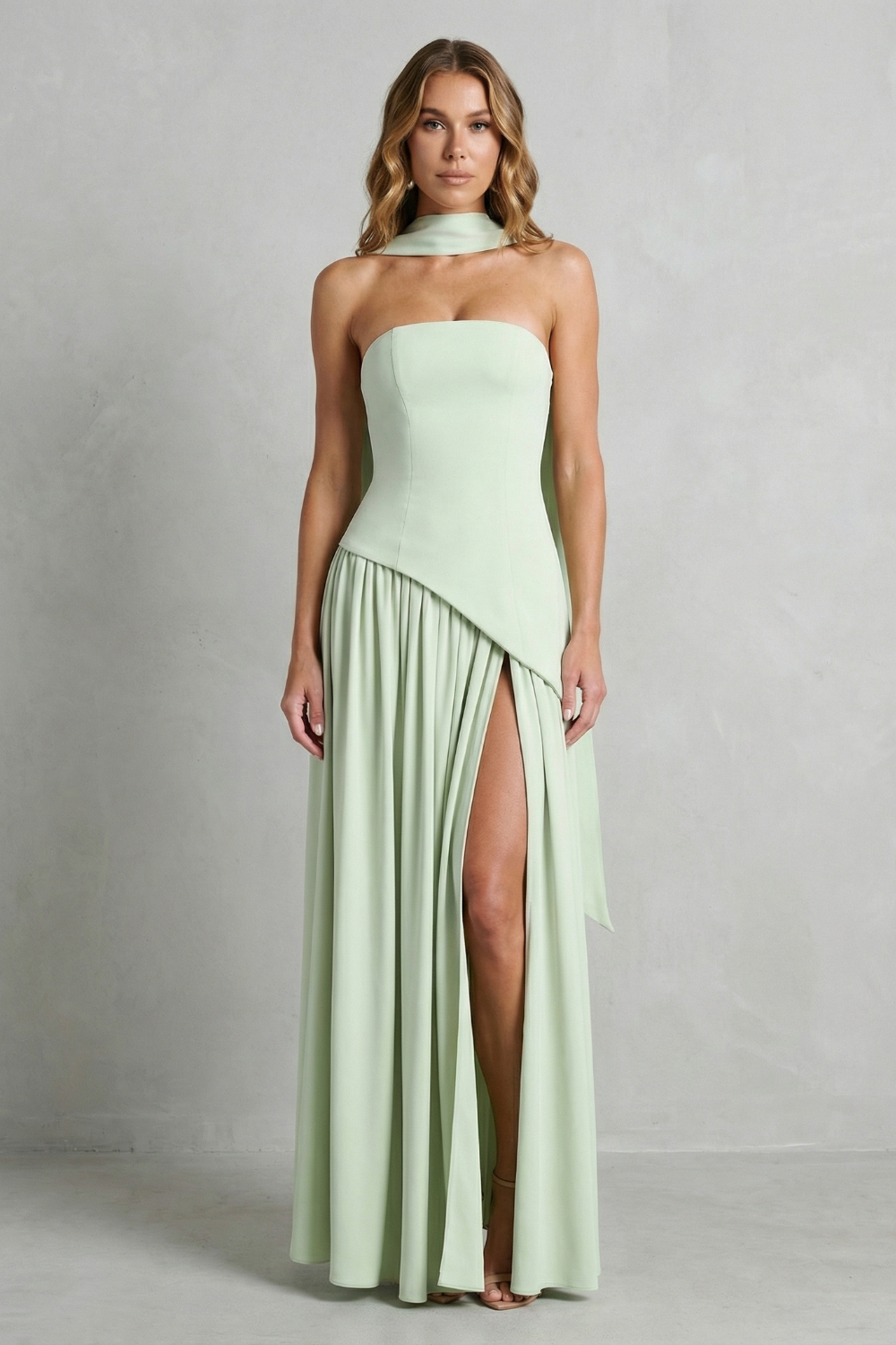 Rosalind | Maxi Formal Dress Sage Green Strapless Asymmetric Draped Slit for Women