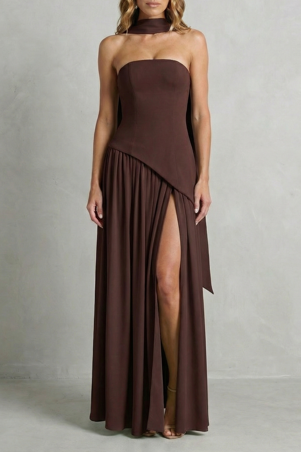 Rosalind | Maxi Formal Dress Sage Green Strapless Asymmetric Draped Slit for Women