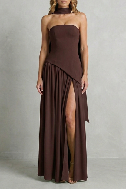 Rosalind | Maxi Formal Dress Sage Green Strapless Asymmetric Draped Slit for Women