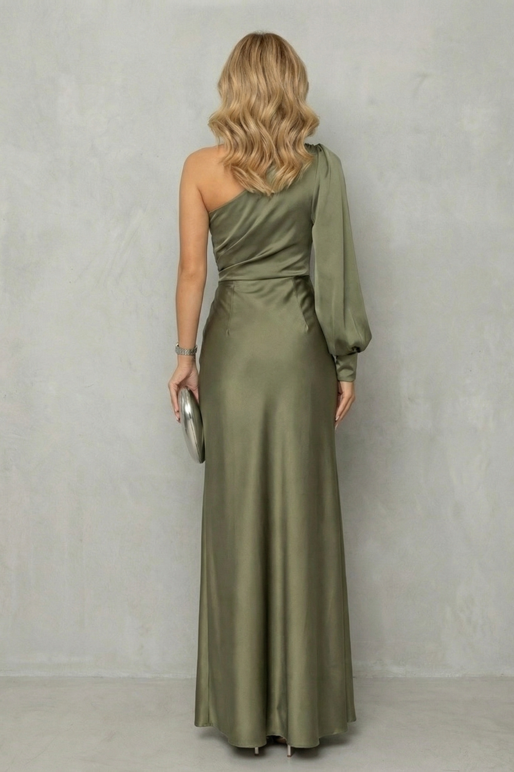 Rosalind | Maxi Dress Olive Green Satin One Shoulder Twisted Waist Slit for Women