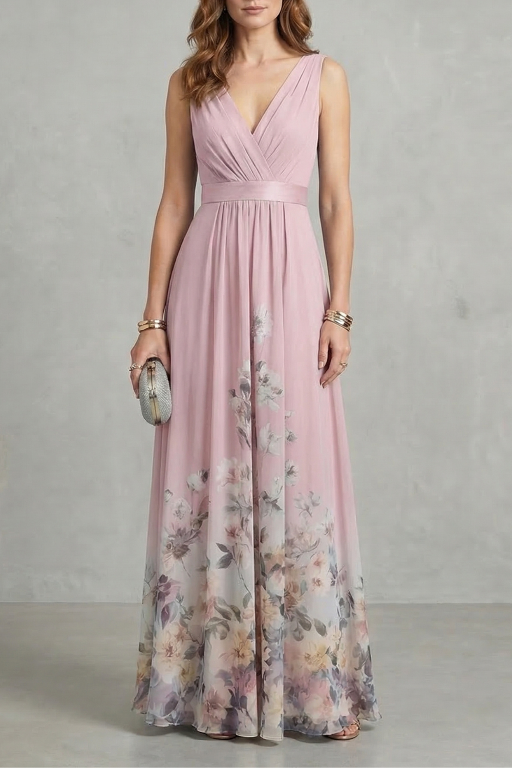 Cecile | Maxi Dress Dusty Blue Floral Chiffon V-Neck for Women