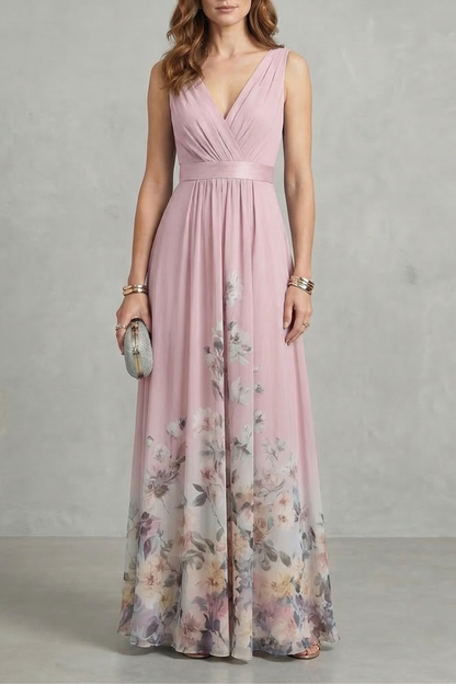 Cecile | Maxi Dress Dusty Blue Floral Chiffon V-Neck for Women