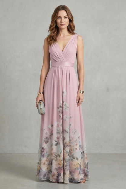 Cecile | Maxi Dress Dusty Blue Floral Chiffon V-Neck for Women