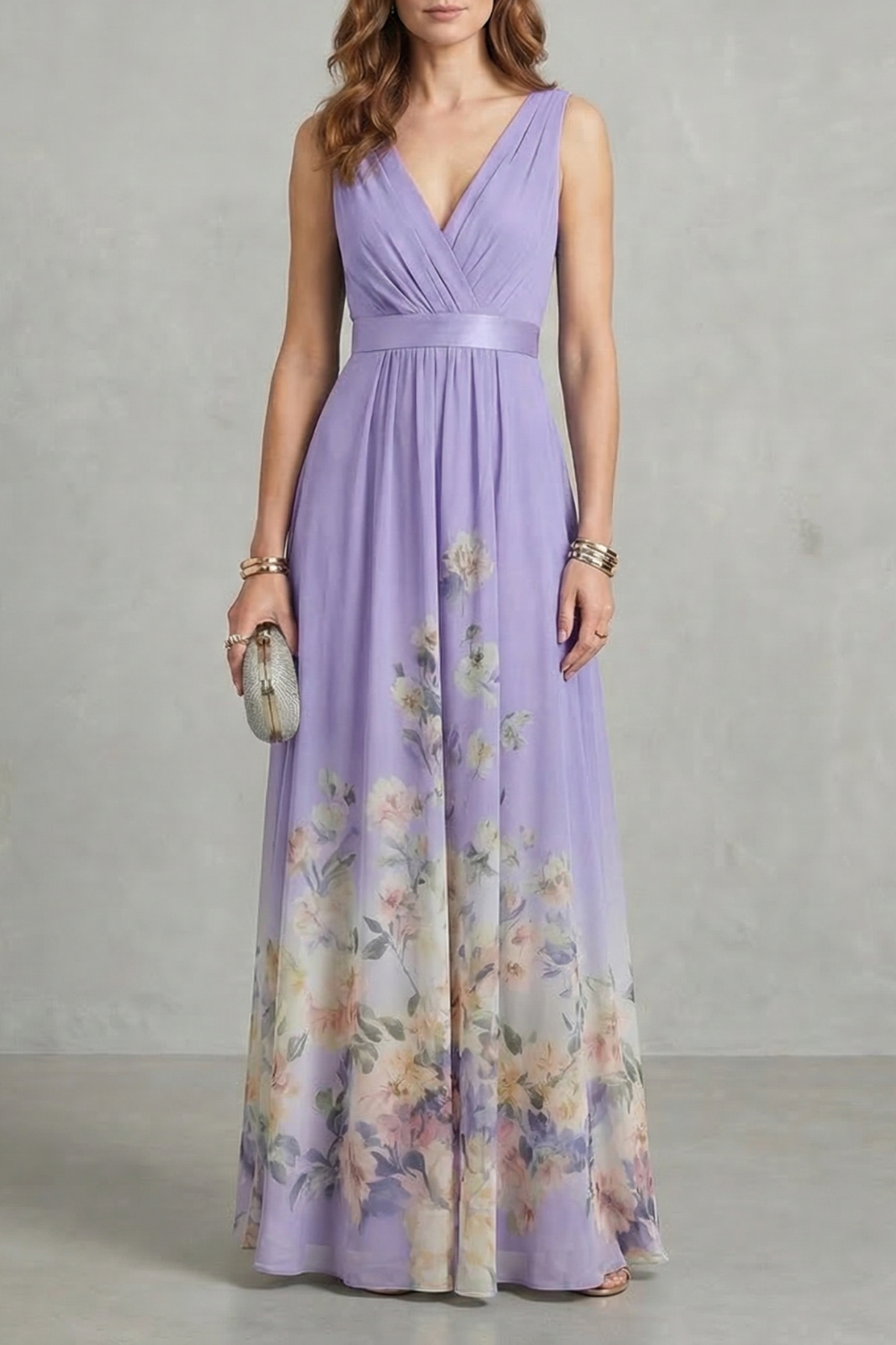 Cecile | Maxi Dress Dusty Blue Floral Chiffon V-Neck for Women
