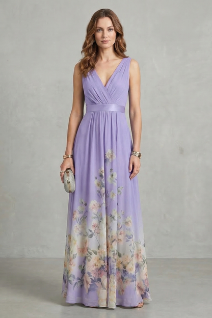 Cecile | Maxi Dress Dusty Blue Floral Chiffon V-Neck for Women