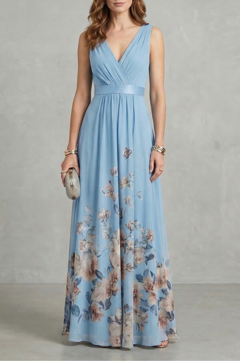 Cecile | Maxi Dress Dusty Blue Floral Chiffon V-Neck for Women