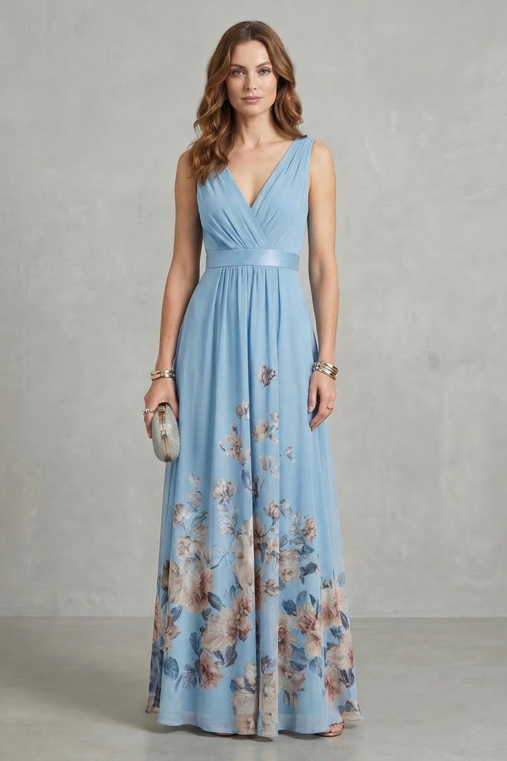 Cecile | Maxi Dress Dusty Blue Floral Chiffon V-Neck for Women