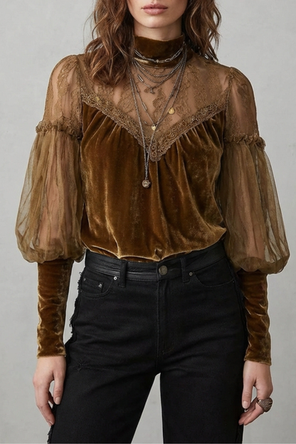 Phoebe | Blouse Antique Gold Velvet Lace Sheer Balloon Sleeve Turtleneck for Women