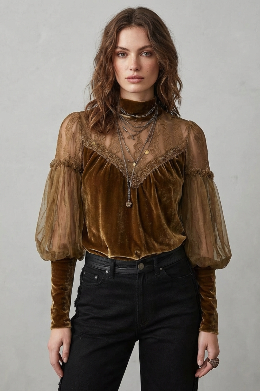 Phoebe | Blouse Antique Gold Velvet Lace Sheer Balloon Sleeve Turtleneck for Women