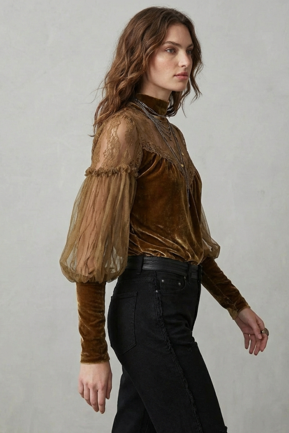 Phoebe | Blouse Antique Gold Velvet Lace Sheer Balloon Sleeve Turtleneck for Women