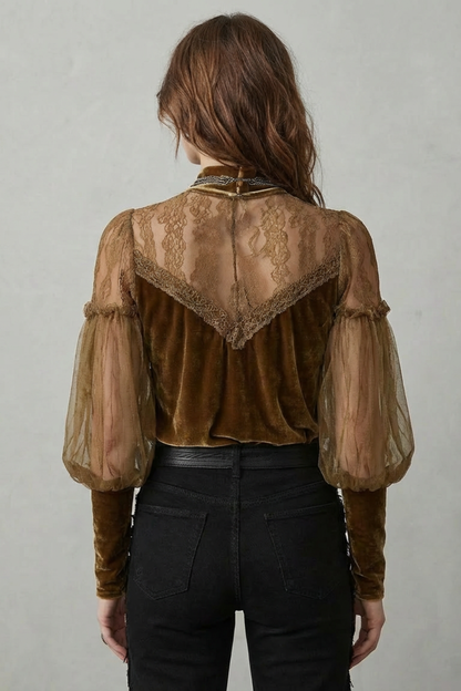 Phoebe | Blouse Antique Gold Velvet Lace Sheer Balloon Sleeve Turtleneck for Women