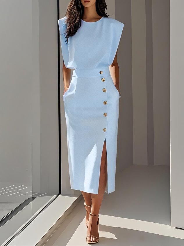 Beatrix | Midi Dress Cream Sleeveless Button Front Split for Women